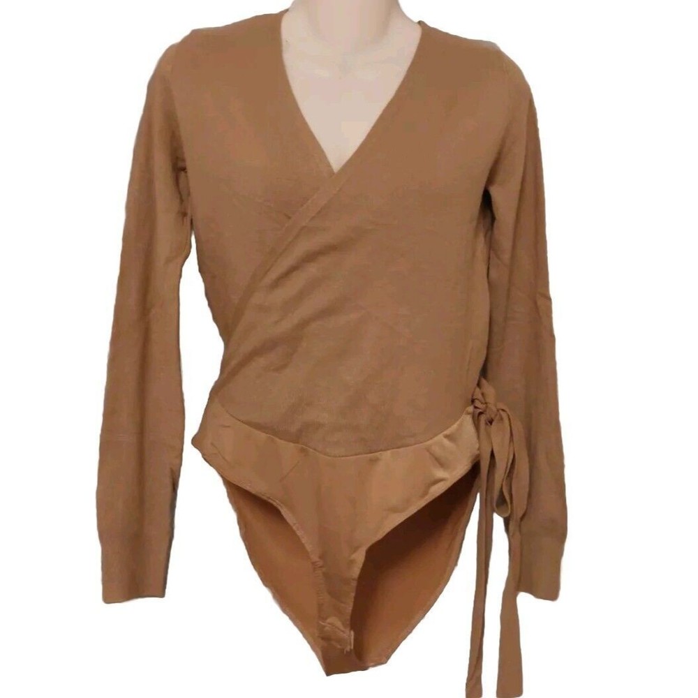 Olivaceous Lt Brown Soft Faux Wrap Bodysuit V Neck L Tie Lightweight Sweater